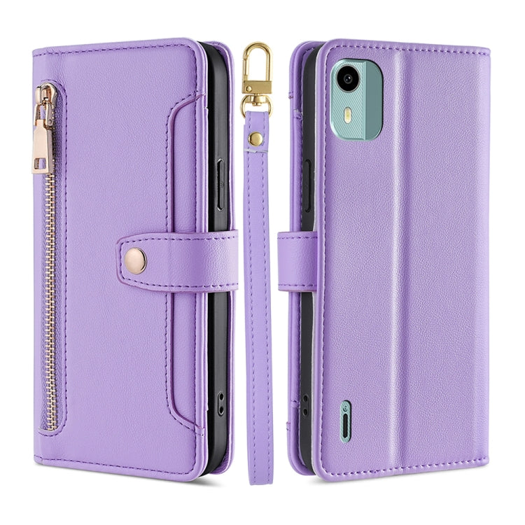 For Nokia C12 Sheep Texture Cross-body Zipper Wallet Leather Phone Case(Purple) - Nokia Cases by PMC TechLife | Online Shopping South Africa | PMC TechLife | Buy Now Pay Later Mobicred