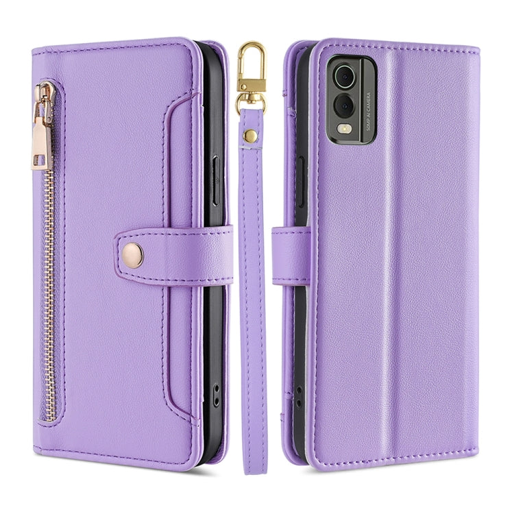 For Nokia C32 Sheep Texture Cross-body Zipper Wallet Leather Phone Case(Purple) - Nokia Cases by PMC TechLife | Online Shopping South Africa | PMC TechLife | Buy Now Pay Later Mobicred