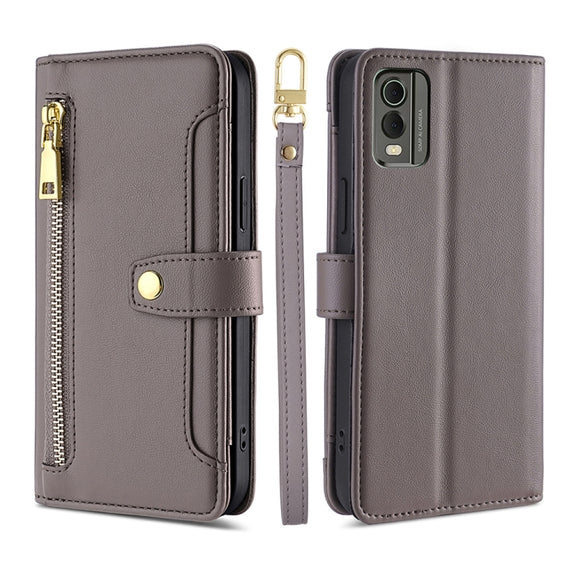 For Nokia C32 Sheep Texture Cross-body Zipper Wallet Leather Phone Case(Grey)
