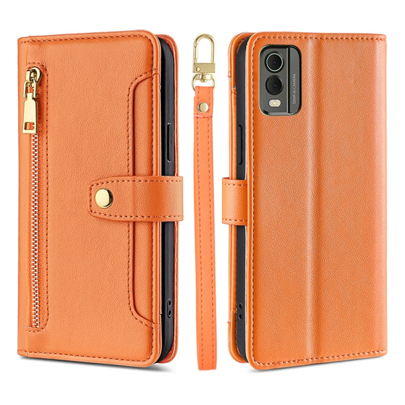 For Nokia C32 Sheep Texture Cross-body Zipper Wallet Leather Phone Case(Orange)