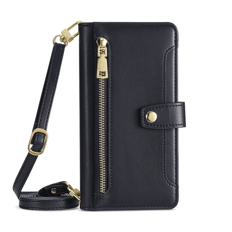 For Nokia C32 Sheep Texture Cross-body Zipper Wallet Leather Phone Case(Black)