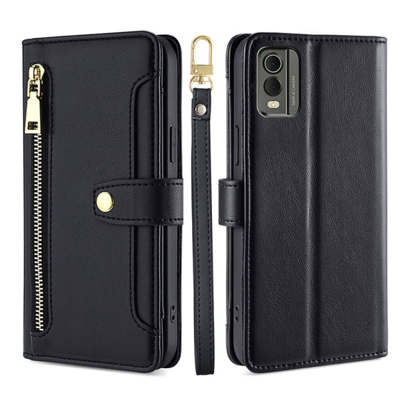 For Nokia C32 Sheep Texture Cross-body Zipper Wallet Leather Phone Case(Black)