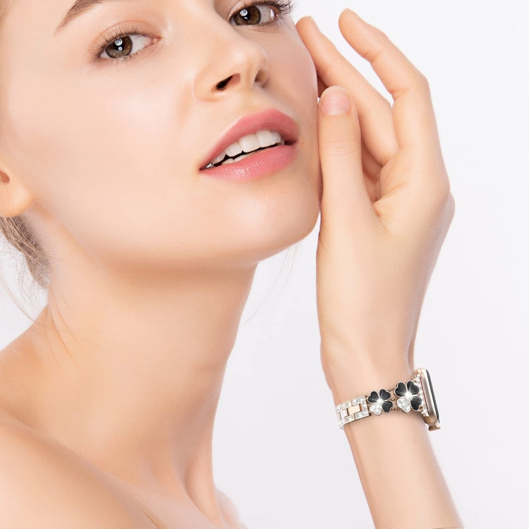 For Apple Watch SE 2023 44mm Petal Metal Diamond Watch Band(Rose Gold+Black) - free shipping - PMC TechLife - Order now!