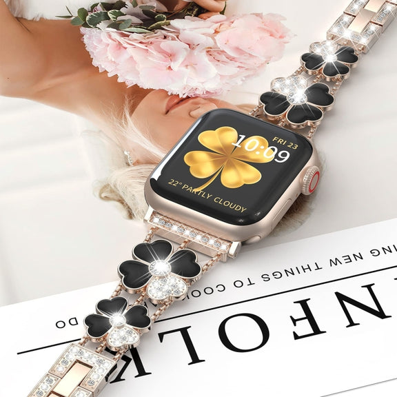 For Apple Watch 9 45mm Petal Metal Diamond Watch Band(Rose Gold+Black)