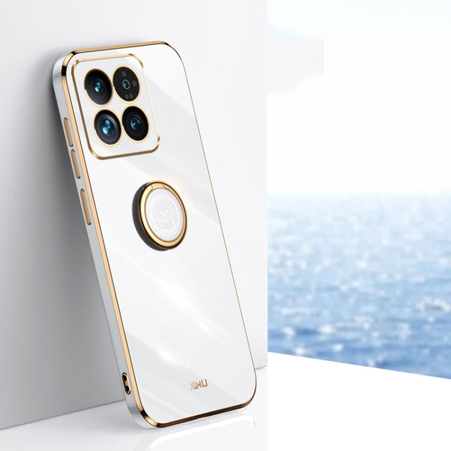For Xiaomi 14 Pro XINLI Straight Edge 6D Electroplate TPU Phone Case with Ring Holder(White)