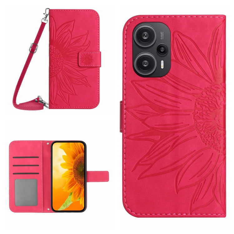 For Xiaomi Poco F5 Skin Feel Sun Flower Embossed Flip Leather Phone Case with Lanyard(Rose Red) - Xiaomi Cases by PMC TechLife | Online Shopping South Africa | PMC TechLife | Buy Now Pay Later Mobicred