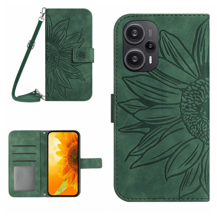 For Xiaomi Poco F5 Skin Feel Sun Flower Embossed Flip Leather Phone Case with Lanyard(Green) - Xiaomi Cases by PMC TechLife | Online Shopping South Africa | PMC TechLife | Buy Now Pay Later Mobicred