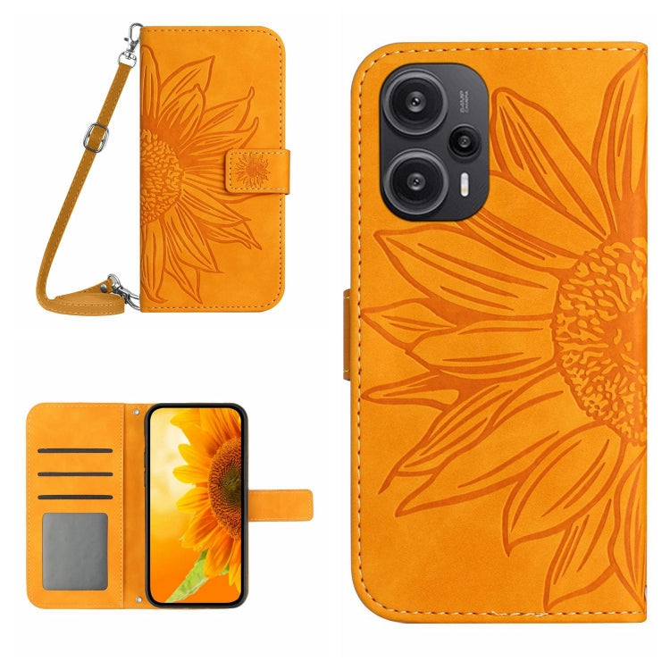 For Xiaomi Poco F5 Skin Feel Sun Flower Embossed Flip Leather Phone Case with Lanyard(Yellow) - Xiaomi Cases by PMC TechLife | Online Shopping South Africa | PMC TechLife | Buy Now Pay Later Mobicred