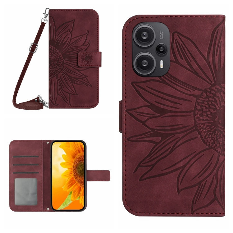 For Xiaomi Poco F5 Skin Feel Sun Flower Embossed Flip Leather Phone Case with Lanyard(Wine Red) - Xiaomi Cases by PMC TechLife | Online Shopping South Africa | PMC TechLife | Buy Now Pay Later Mobicred