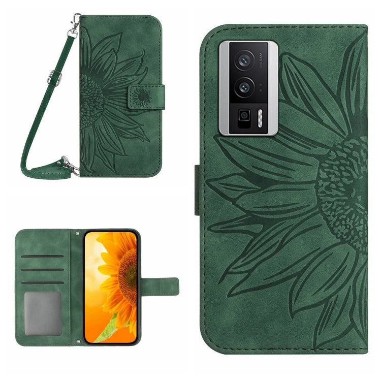 For Xiaomi Poco F5 Pro Skin Feel Sun Flower Embossed Flip Leather Phone Case with Lanyard(Green) - Xiaomi Cases by PMC TechLife | Online Shopping South Africa | PMC TechLife | Buy Now Pay Later Mobicred