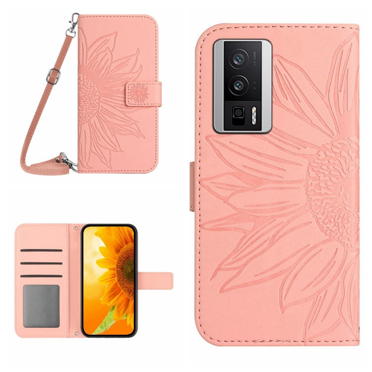 For Xiaomi Poco F5 Pro Skin Feel Sun Flower Embossed Flip Leather Phone Case with Lanyard(Pink) - Xiaomi Cases by PMC TechLife | Online Shopping South Africa | PMC TechLife | Buy Now Pay Later Mobicred