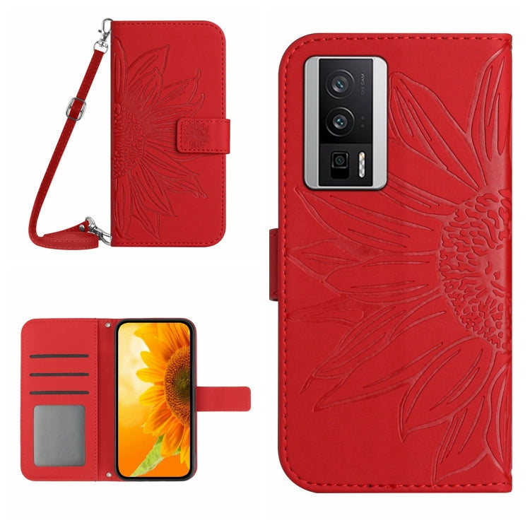 For Xiaomi Poco F5 Pro Skin Feel Sun Flower Embossed Flip Leather Phone Case with Lanyard(Red) - Xiaomi Cases by PMC TechLife | Online Shopping South Africa | PMC TechLife | Buy Now Pay Later Mobicred