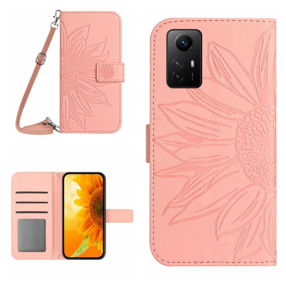 For Xiaomi Redmi Note 12S Skin Feel Sun Flower Embossed Flip Leather Phone Case with Lanyard(Pink)