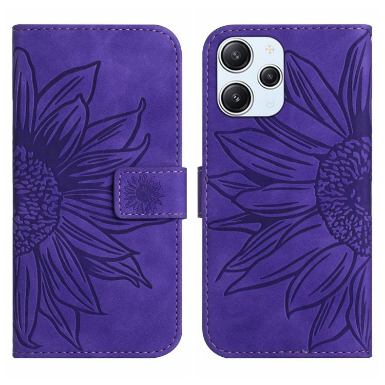 For Xiaomi Redmi 12 4G Global Skin Feel Sun Flower Embossed Flip Leather Phone Case with Lanyard(Dark Purple) - Xiaomi Cases by PMC TechLife | Online Shopping South Africa | PMC TechLife | Buy Now Pay Later Mobicred