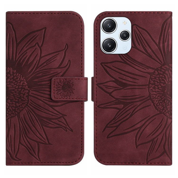 For Xiaomi Redmi 12 4G Global Skin Feel Sun Flower Embossed Flip Leather Phone Case with Lanyard(Wine Red) - Xiaomi Cases by PMC TechLife | Online Shopping South Africa | PMC TechLife | Buy Now Pay Later Mobicred