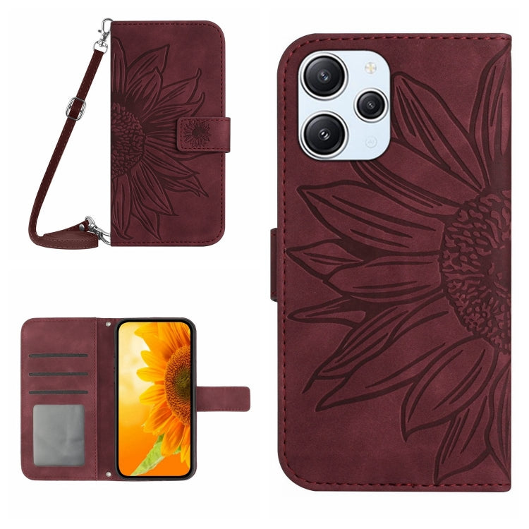 For Xiaomi Redmi 12 4G Global Skin Feel Sun Flower Embossed Flip Leather Phone Case with Lanyard(Wine Red) - Xiaomi Cases by PMC TechLife | Online Shopping South Africa | PMC TechLife | Buy Now Pay Later Mobicred