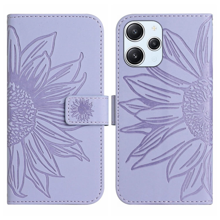 For Xiaomi Redmi 12 4G Global Skin Feel Sun Flower Embossed Flip Leather Phone Case with Lanyard(Purple) - Xiaomi Cases by PMC TechLife | Online Shopping South Africa | PMC TechLife | Buy Now Pay Later Mobicred