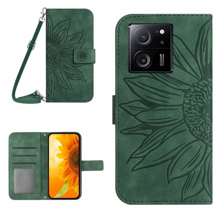 For Xiaomi 13T / 13T Pro Skin Feel Sun Flower Embossed Flip Leather Phone Case with Lanyard(Green) - Xiaomi Cases by PMC TechLife | Online Shopping South Africa | PMC TechLife | Buy Now Pay Later Mobicred