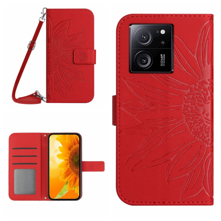 For Xiaomi 13T / 13T Pro Skin Feel Sun Flower Embossed Flip Leather Phone Case with Lanyard(Red) - Xiaomi Cases by PMC TechLife | Online Shopping South Africa | PMC TechLife | Buy Now Pay Later Mobicred