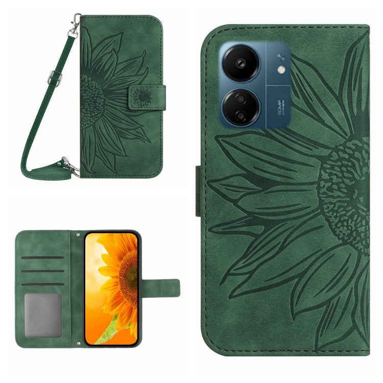 For Xiaomi Redmi 13C 4G Skin Feel Sun Flower Embossed Flip Leather Phone Case with Lanyard(Green) - 13C Cases by PMC TechLife | Online Shopping South Africa | PMC TechLife | Buy Now Pay Later Mobicred