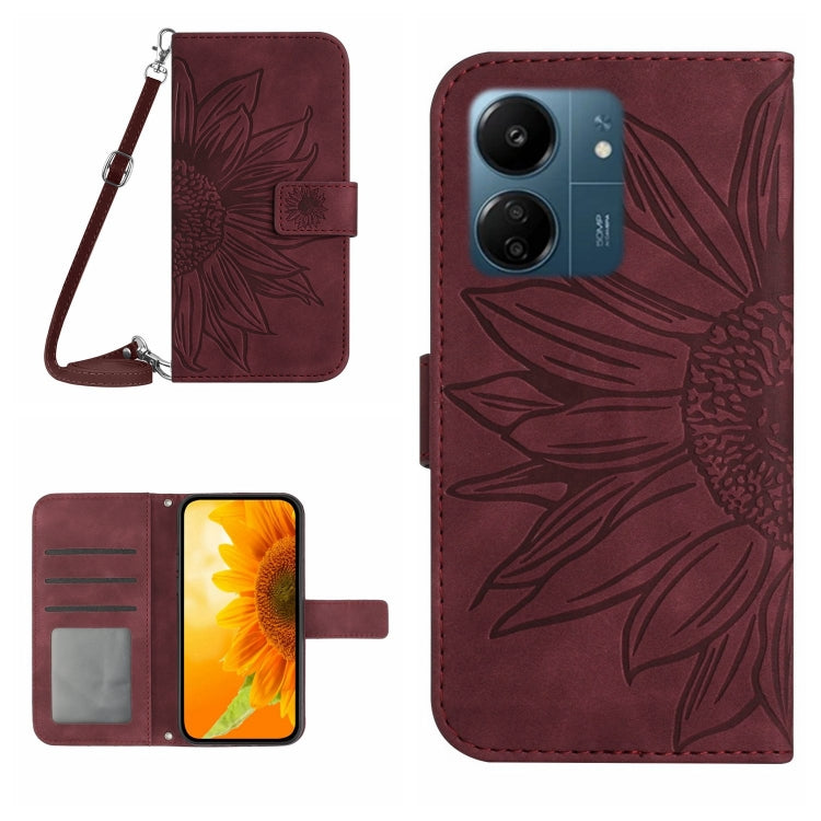 For Xiaomi Redmi 13C 4G Skin Feel Sun Flower Embossed Flip Leather Phone Case with Lanyard(Wine Red) - 13C Cases by PMC TechLife | Online Shopping South Africa | PMC TechLife | Buy Now Pay Later Mobicred