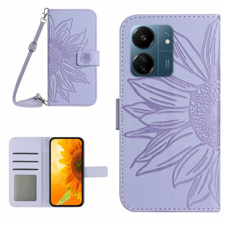 For Xiaomi Redmi 13C 4G Skin Feel Sun Flower Embossed Flip Leather Phone Case with Lanyard(Purple) - 13C Cases by PMC TechLife | Online Shopping South Africa | PMC TechLife | Buy Now Pay Later Mobicred