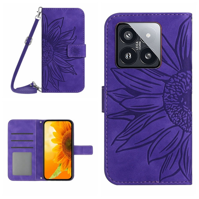 For Xiaomi 14 Pro Skin Feel Sun Flower Embossed Flip Leather Phone Case with Lanyard(Dark Purple)