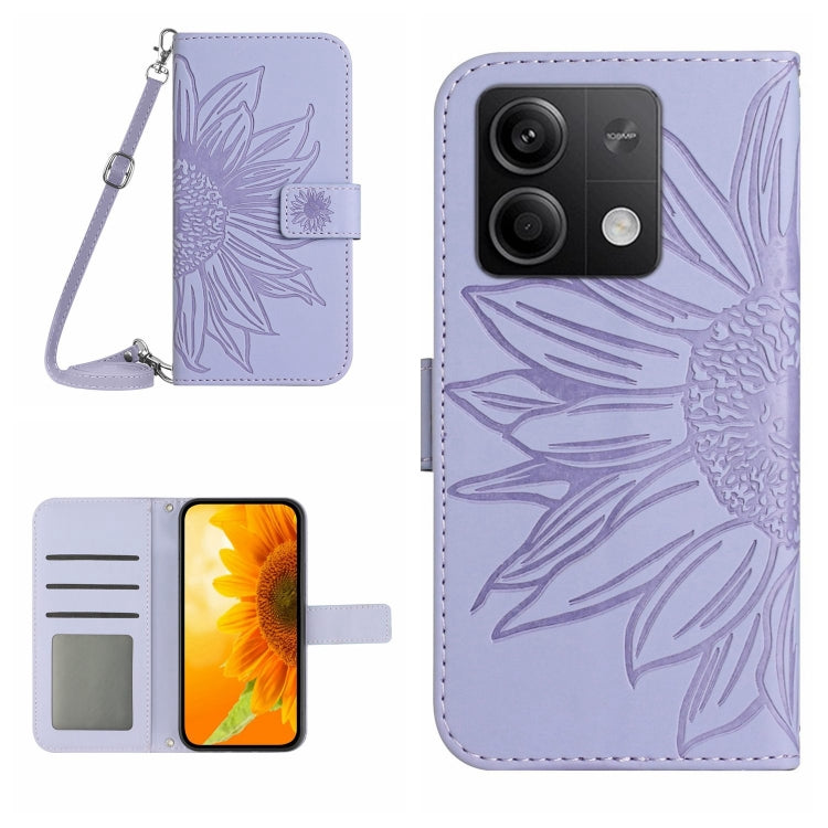 For Xiaomi Redmi Note 13 4G Global Skin Feel Sun Flower Embossed Flip Leather Phone Case with Lanyard(Purple) - Note 13 Cases by PMC TechLife | Online Shopping South Africa | PMC TechLife | Buy Now Pay Later Mobicred