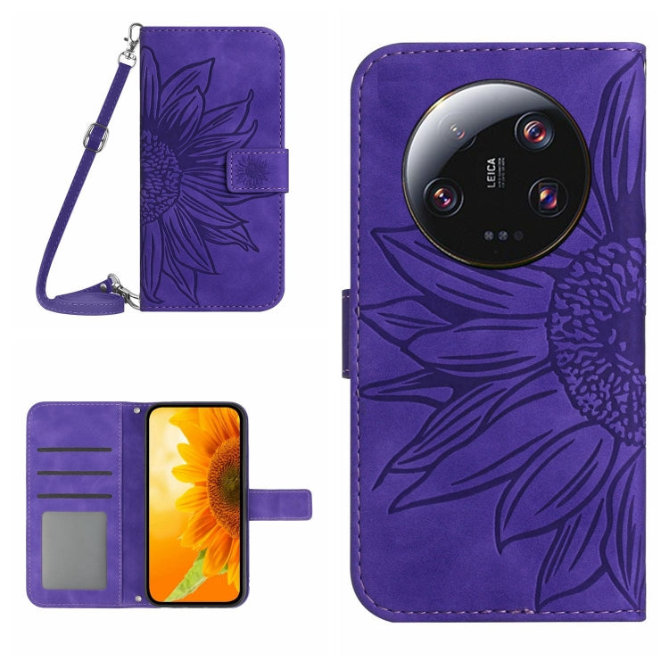 For Xiaomi 14 Ultra Skin Feel Sun Flower Embossed Flip Leather Phone Case with Lanyard(Dark Purple) - free shipping - PMC TechLife - Order now!