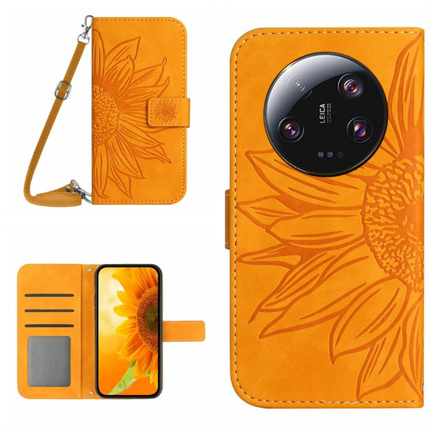 For Xiaomi 14 Ultra Skin Feel Sun Flower Embossed Flip Leather Phone Case with Lanyard(Yellow)