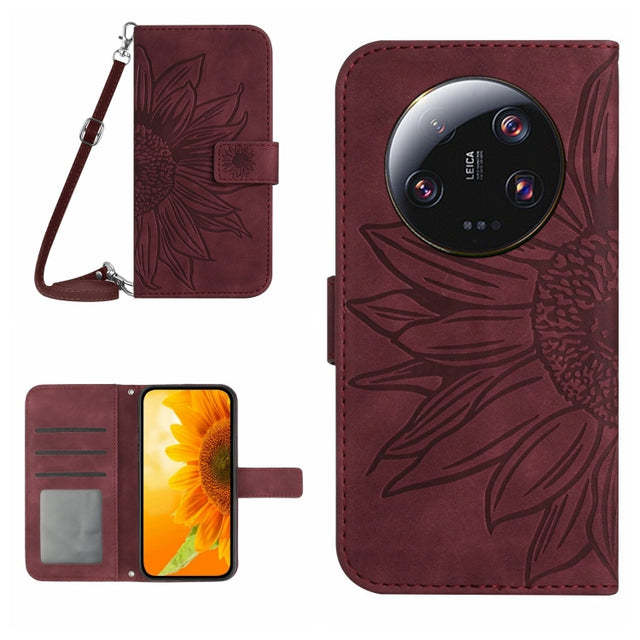 For Xiaomi 14 Ultra Skin Feel Sun Flower Embossed Flip Leather Phone Case with Lanyard(Wine Red)