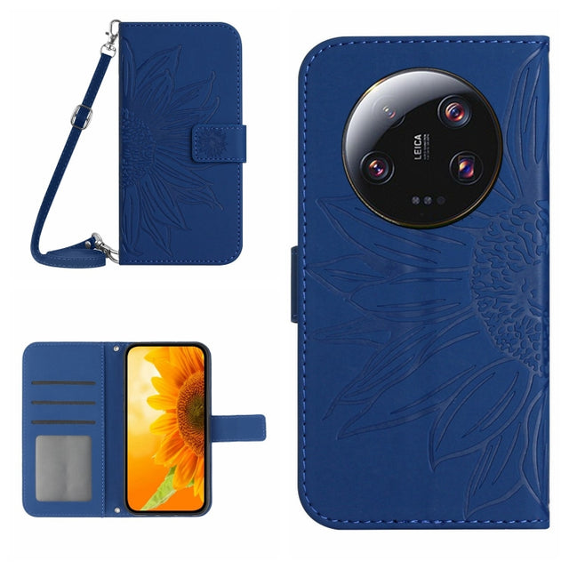 For Xiaomi 14 Ultra Skin Feel Sun Flower Embossed Flip Leather Phone Case with Lanyard(Dark Blue)