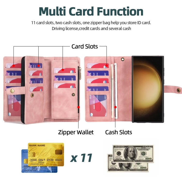 For Samsung Galaxy S23 Ultra 5G Zipper Wallet Detachable MagSafe Leather Phone Case(Pink) - Galaxy S23 Ultra 5G Cases by PMC TechLife | Online Shopping South Africa | PMC TechLife