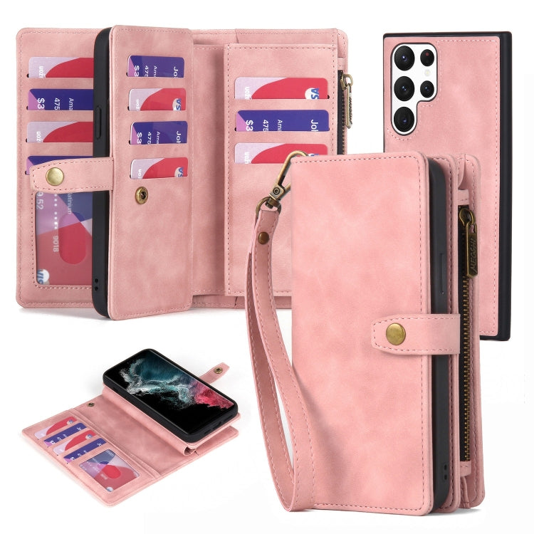 For Samsung Galaxy S22 Ultra 5G Zipper Wallet Magnetic Detachable Leather Phone Case(Pink) - free shipping - PMC TechLife - Order now!