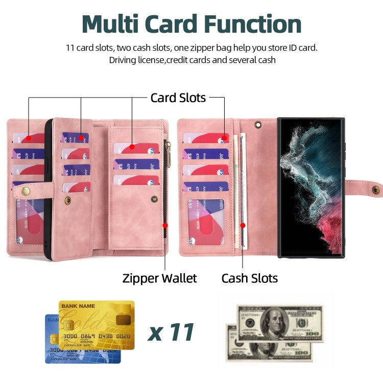 For Samsung Galaxy S22 Ultra 5G Zipper Wallet Magnetic Detachable Leather Phone Case(Pink) - free shipping - PMC TechLife - Order now!