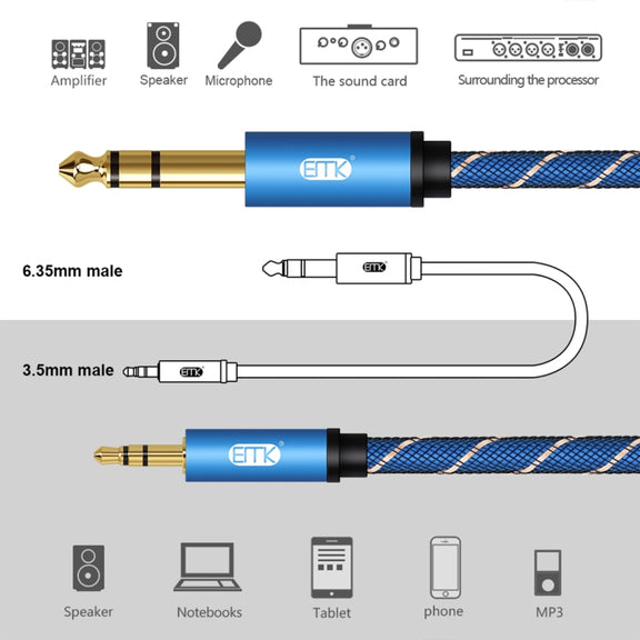 EMK 3.5mm Jack Male to 6.35mm Jack Male Gold Plated Connector Nylon Braid AUX Cable for Computer / X-BOX / PS3 / CD / DVD, Cable Length:3m(Dark Blue)
