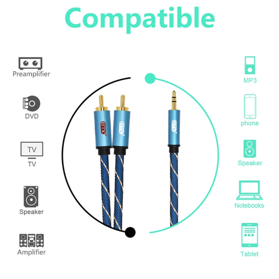 EMK 3.5mm Jack Male to 2 x RCA Male Gold Plated Connector Speaker Audio Cable, Cable Length:5m(Dark Blue)