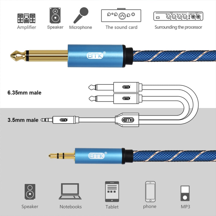 EMK 3.5mm Jack Male to 2 x 6.35mm Jack Male Gold Plated Connector Nylon Braid AUX Cable for Computer / X-BOX / PS3 / CD / DVD, Cable Length:1.5m(Dark Blue)