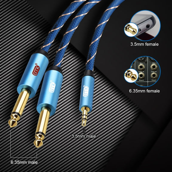 EMK 3.5mm Jack Male to 2 x 6.35mm Jack Male Gold Plated Connector Nylon Braid AUX Cable for Computer / X-BOX / PS3 / CD / DVD, Cable Length:3m(Dark Blue)