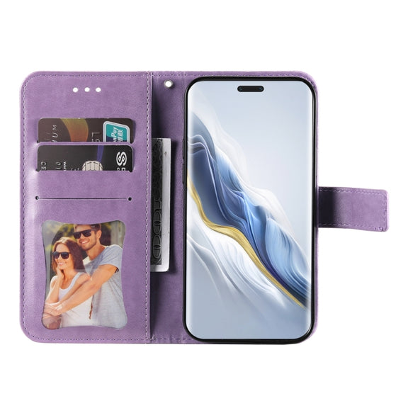For Honor Magic6 Pro Seven-petal Flowers Embossing Leather Phone Case(Light Purple)