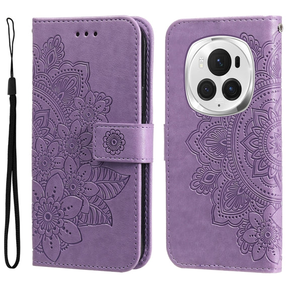 For Honor Magic6 Pro Seven-petal Flowers Embossing Leather Phone Case(Light Purple)