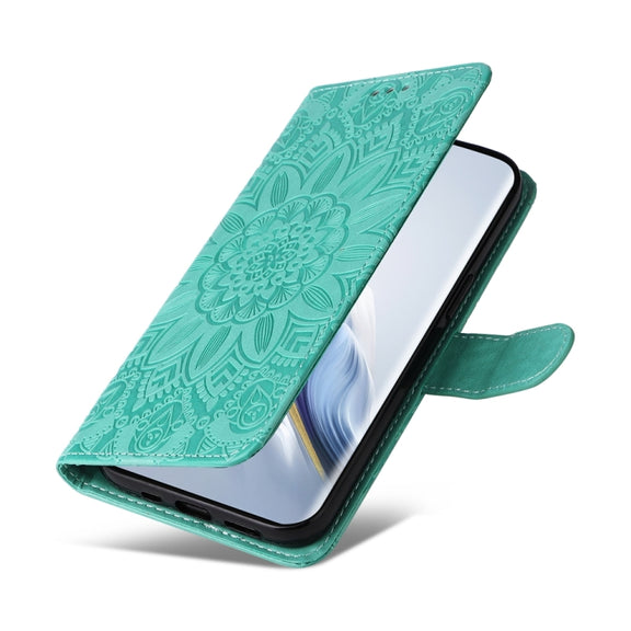 For Honor Magic6 Pro Embossed Sunflower Leather Phone Case(Green)