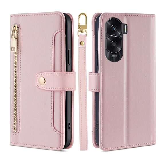 For Honor X50i 5G / 9 Lite Sheep Texture Cross-body Zipper Wallet Leather Phone Case(Pink)