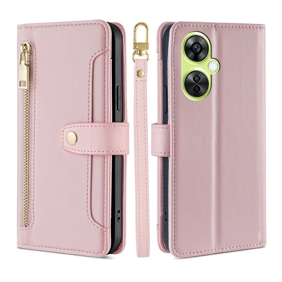 For OnePlus Nord CE 3 Lite 5G Sheep Texture Cross-body Zipper Wallet Leather Phone Case(Pink)