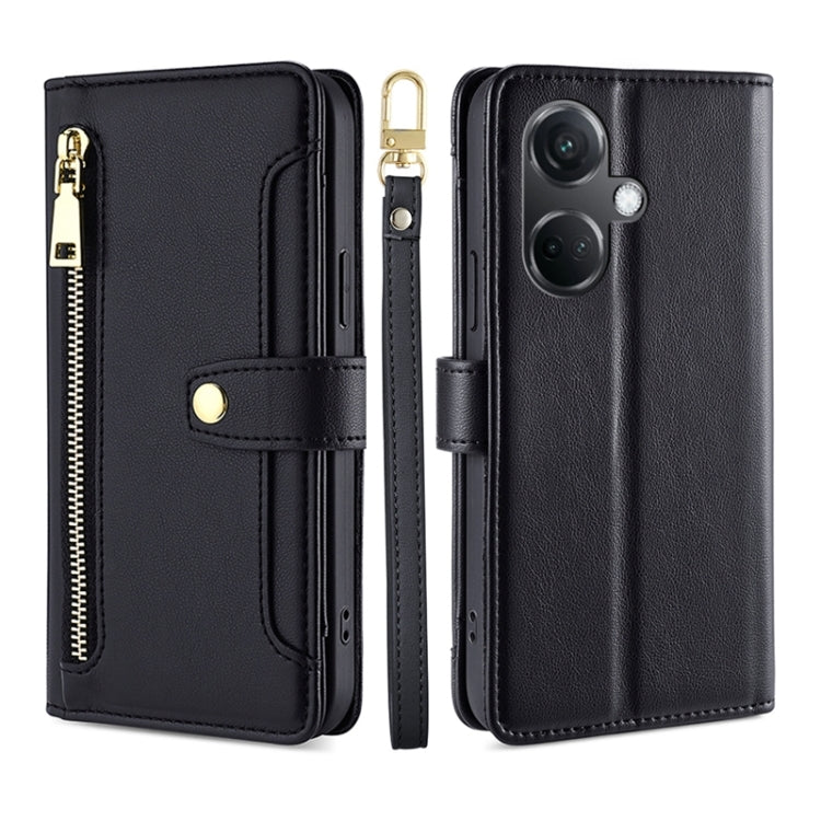 For OnePlus Nord CE3 5G Sheep Texture Cross-body Zipper Wallet Leather Phone Case(Black) - OnePlus Cases by PMC TechLife | Online Shopping South Africa | PMC TechLife | Buy Now Pay Later Mobicred