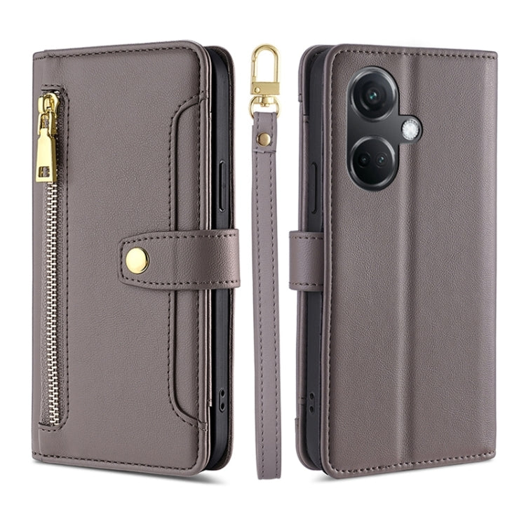 For OnePlus Nord CE3 5G Sheep Texture Cross-body Zipper Wallet Leather Phone Case(Grey) - OnePlus Cases by PMC TechLife | Online Shopping South Africa | PMC TechLife | Buy Now Pay Later Mobicred