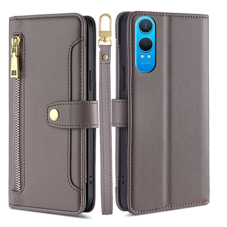 For OnePlus Nord CE 4 Lite 5G Sheep Texture Cross-body Zipper Wallet Leather Phone Case(Grey) - OnePlus Cases by PMC TechLife | Online Shopping South Africa | PMC TechLife | Buy Now Pay Later Mobicred