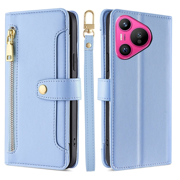 For Huawei Pura 70 5G Sheep Texture Cross-body Zipper Wallet Leather Phone Case(Blue)