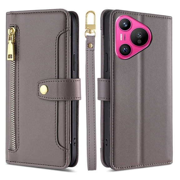 For Huawei Pura 70 5G Sheep Texture Cross-body Zipper Wallet Leather Phone Case(Grey)