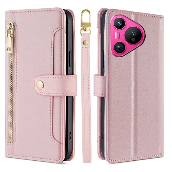 For Huawei Pura 70 5G Sheep Texture Cross-body Zipper Wallet Leather Phone Case(Pink)